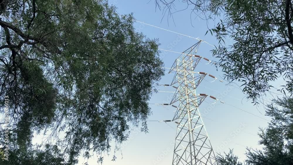 Ground view of large electricity pylon and green trees, slow tilt down Ground view of large electricity pylon and green trees, slow tilt down