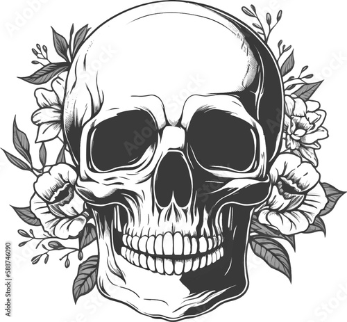 Skull with floral wreath illustration