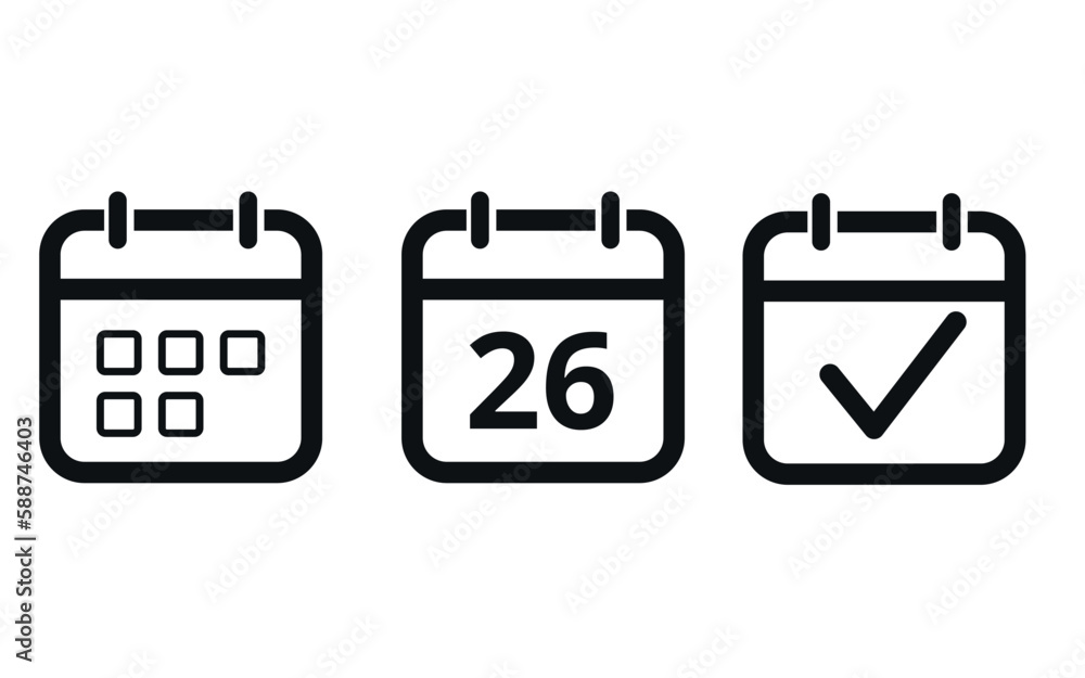 Calendar icon templates in gray color hollow out isolated on white background. Icon with checkmark sign. Calendar vector flat icon. Specific day calendar icon marking day 26. Calendar icon templates in gray color hollow out isolated on white background. Icon with checkmark sign. Calendar vector flat icon. Specific day calendar icon marking day 26.