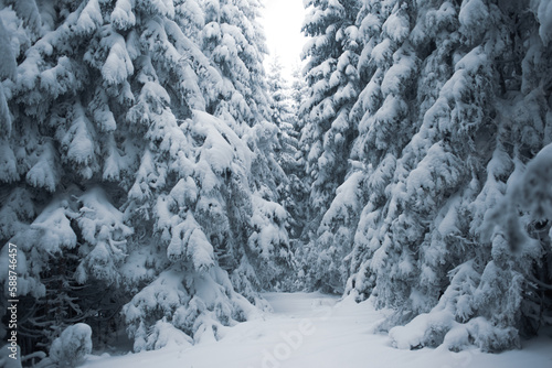 Beautiful view of the winter forest with snow-covered pine trees
