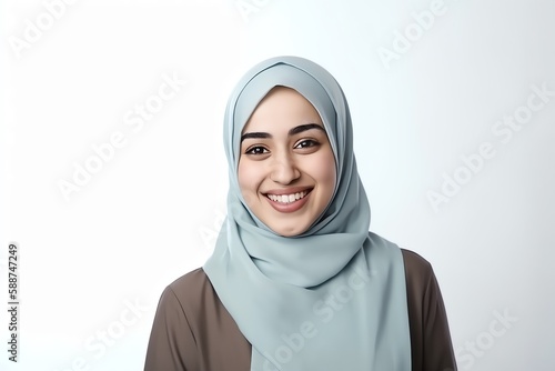 Portrait of smiling muslim woman with hijab on the white background. Fictional person. Generative AI