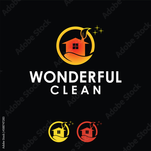 cleaning house leaves logo design illustration template full color