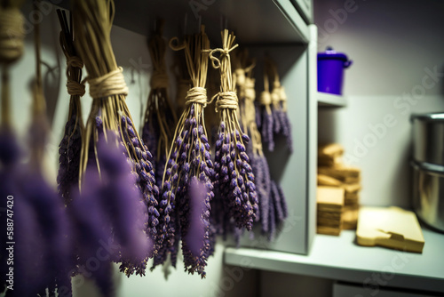 drying lavender buds in the kitchen. AI generativ.