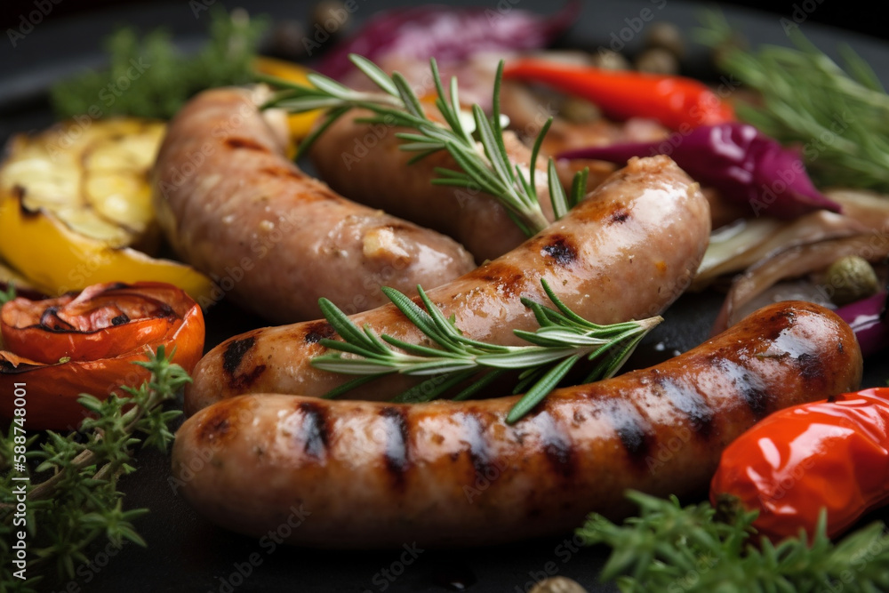 Frying sausages with greens and vegetables on the grill, close-up. Grilled food, barbecue, shish kebab. ai generative