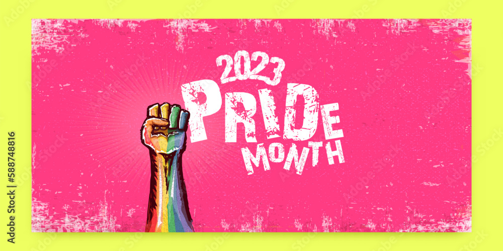 Happy Pride Month 2023 Horizontal Poster With Rised Lgbt Fist Colored