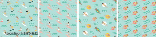 Summer beach surf surfing sunbathing surfers holiday seamless repeat pattern. Digital printable paper.  Summer patterns.