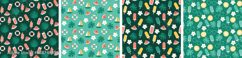 Summer watermelon sunglasses monstera boat beach holiday seamless repeat pattern. Digital printable paper. Summer pattern.