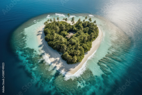 Heart-Shaped Island with Palm Trees and Pristine Beach