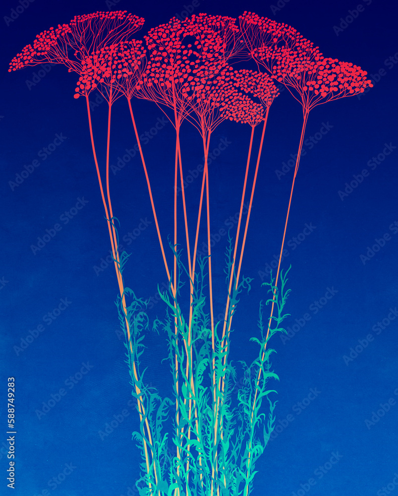 Ilustracja grafika wysoka trawa z kolorowymi czerwonymi kuleczkami motyw roślinny na niebieskim tle. - obrazy, fototapety, plakaty 