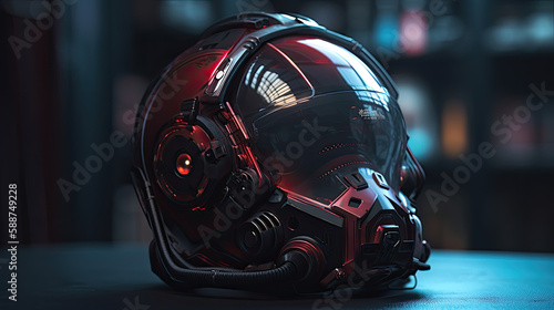 Astronaut helmet, realistic astronaut helmet with clear glass for space exploration and flight in cosmos. Red  suit part for protection spaceman head. Generative AI. © Sattawat