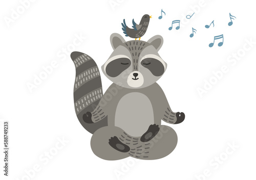 Racoon meditating in yoga pose with bird singing on the heard. Children illustration.