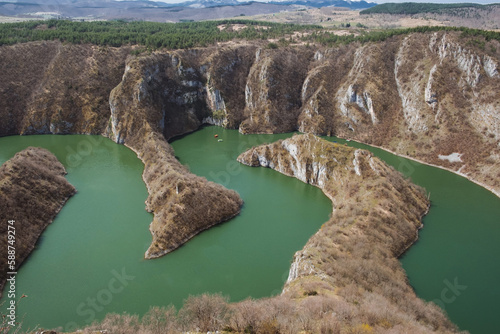 Amazing mountain landscape with meanders of curving river Uvac in canyon Uvac Serbia of the nature reserve Serbia photo