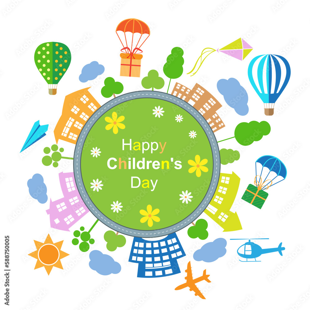 Naklejka premium Happy Childrens day poster with round world