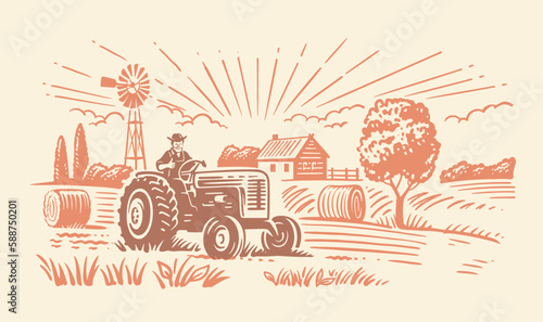 Farmer in Tractor with hay. Rural farm landscape