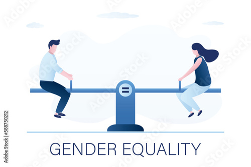 Man and woman sitting on seesaw. State of balance, gender equality. Successful struggle for women's rights, absence of sexism and gender inequality.