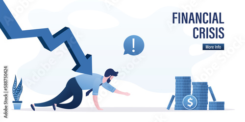Unhappy businessman crawls towards money, falling chart puts pressure on entrepreneur. Bankruptcy, lack of money. Male borrower is trying to take out loan. Unemployment leads to poverty.