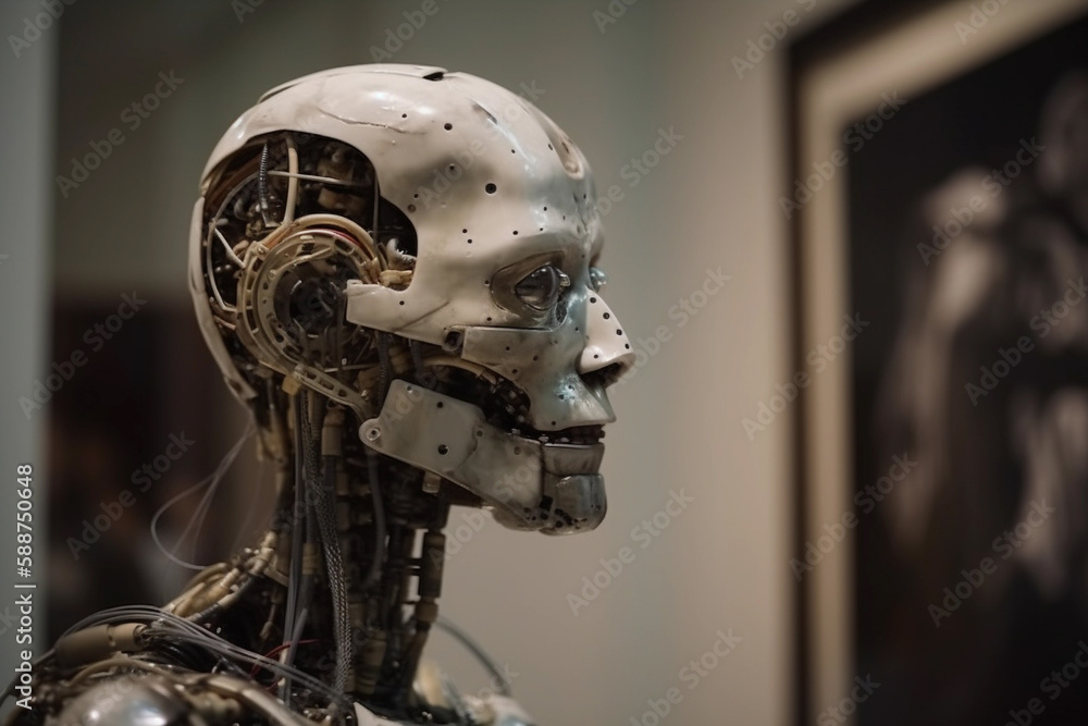 Fototapeta premium Robot training, artificial intelligence, android head. Generative AI