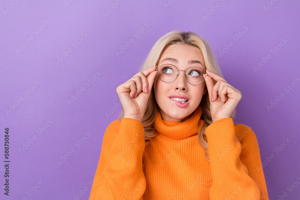Portrait of cute gorgeous woman wear pullover turtleneck touching eyewear look empty space poster isolated on violet color background Portrait of cute gorgeous woman wear pullover turtleneck touching eyewear look empty space poster isolated on violet color background