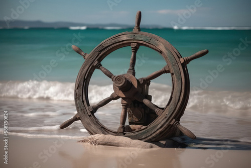 Weathered Wooden Steering Wheel on Sandy Beach