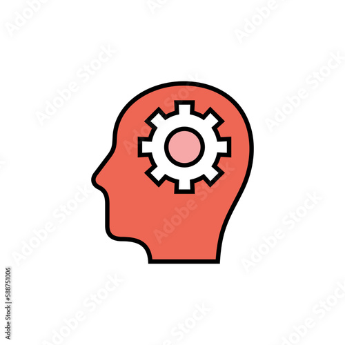 Human head and gear. Thinking concept. Line coloured vector icon.