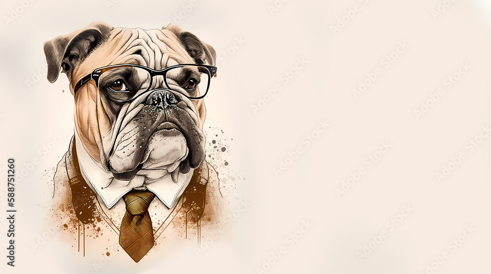 Bulbog in glasses and a tie on a colored background. Watercola. Banner. Copyspace. Generative AI