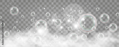Air bubbles on a transparent background. Soap foam vector illustration.	

