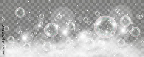Air bubbles on a transparent background. Soap foam vector illustration.  