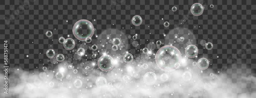 Air bubbles on a transparent background. Soap foam vector illustration.	
