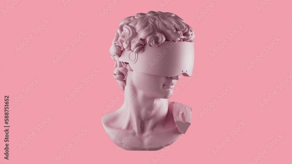 3D Multicolored Rotating David Head In VR Glasses Animation. Abstract Futuristic Michelangelo's David Sculpture In Modern Art Style. NFT Cryptoart Concept. 4K 3D Multicolored Rotating David Head In VR Glasses Animation. Abstract Futuristic Michelangelo's David Sculpture In Modern Art Style. NFT Cryptoart Concept. 4K