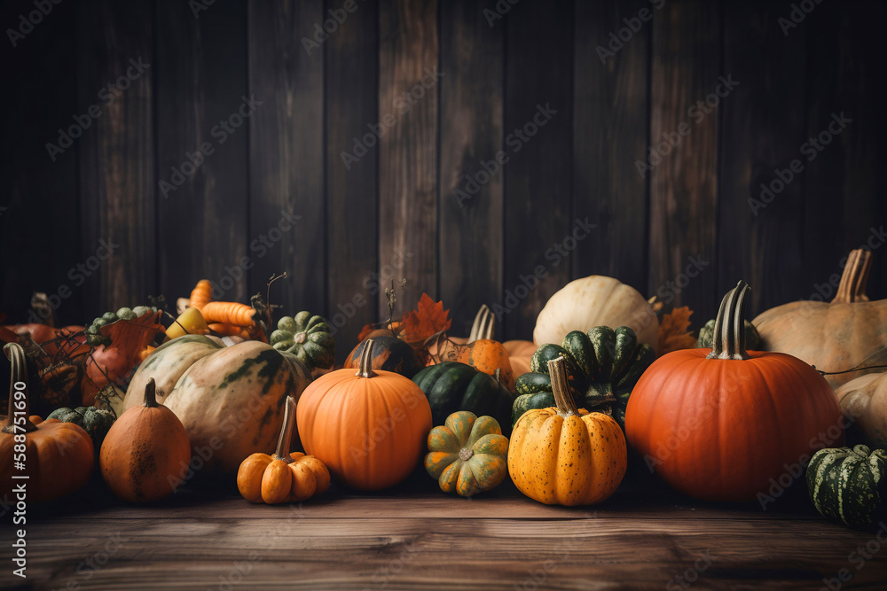 Autumn background with pumpkin collection, wooden background with copy space, generative ai Autumn background with pumpkin collection, wooden background with copy space, generative ai
