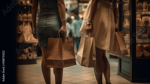 Two female persons with shopping bags in shop. Generative AI.