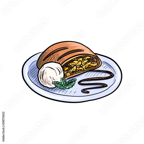 vector drawing sketch of piece of apple strudel with icecream, hand drawn illustration at white background