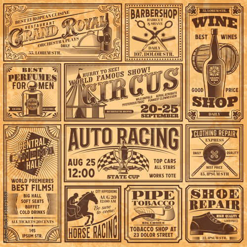 Vintage newspaper banners, old advertising page