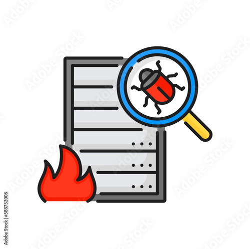 Computer bug and fire color line icon for mobile