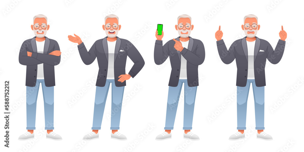Obraz premium An elderly bearded man stands with his arms crossed, points to something, with a smartphone in his hand. An old white man with gray hair in glasses stands in various poses. Grandpa