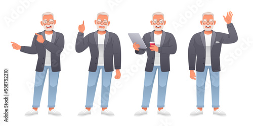 An old white man stands with a tablet and a glass of coffee in his hands, waves his hand, points to something. Grandpa in full growth character set. An elderly bearded man