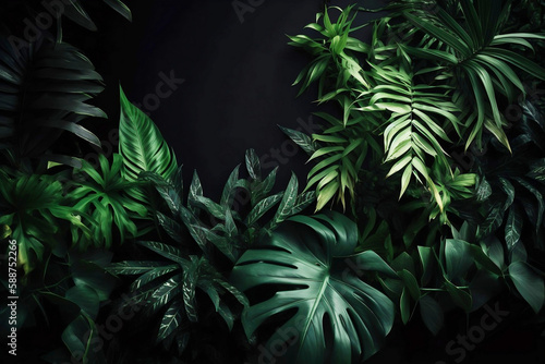 Tropical green foliage dark background  with copy space for a greeting text  generative ai