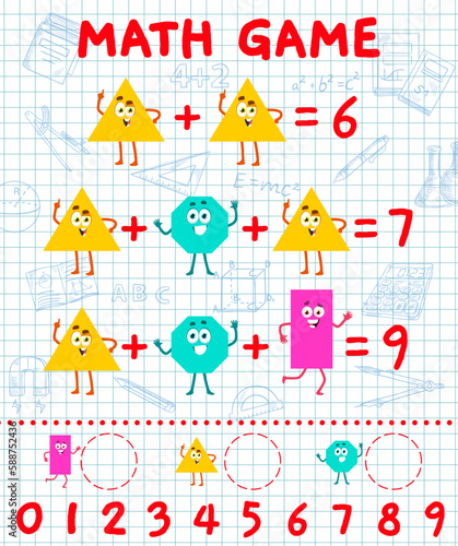 Addition math game with cartoon shape characters