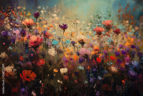 Meadow of multicoloured wildflowers in an impressionist oil painting style. Created with generative AI technology