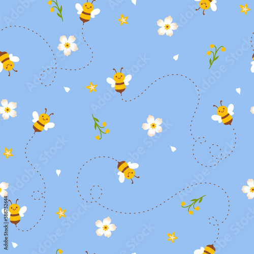 Seamless pattern with cute bees and flowers. Vector graphics.