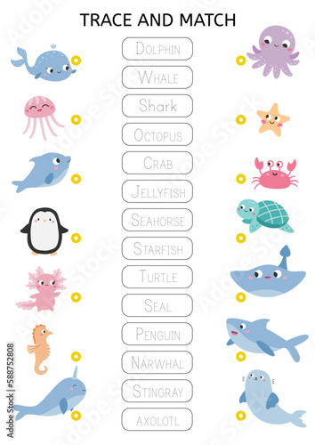 Match words with the correct pictures. Sea and ocean animals. Educational game for preschool kids. Learn English vocabulary. Name matching worksheet. Printable puzzle. Vector illustration.