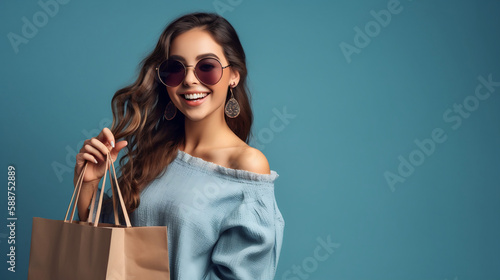 Photo of amazed pretty optimistic brunette young lady do shopping wear glasses coat on blue color background. Generative AI. photo