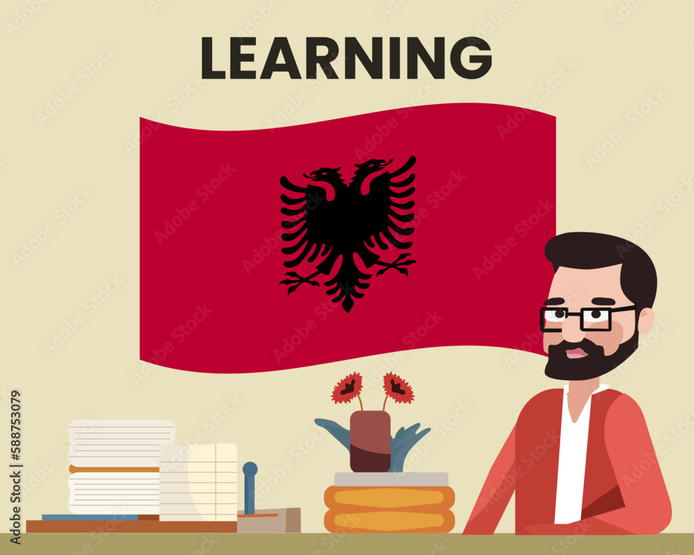 Albania flag with a male teacher, learning or teaching Albania language, school concept