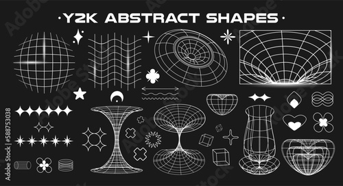 Set of abstract aesthetic y2k geometric elements and wireframe shapes. Black and white retro line design elements. Vector illustration for social networks or posters. EPS 10