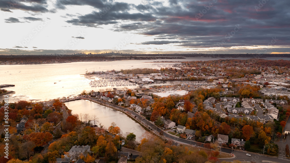 Fall Sunset on Long Island with NYC skyline in the distance