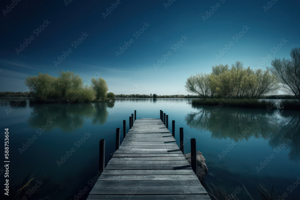 Serene Panorama of Jetty Extending into a Calm Lake