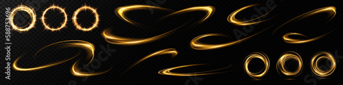 Abstract light lines of movement and speed in golden color. Light everyday glowing effect. semicircular wave, light trail curve swirl, optical fiber incandescent png.