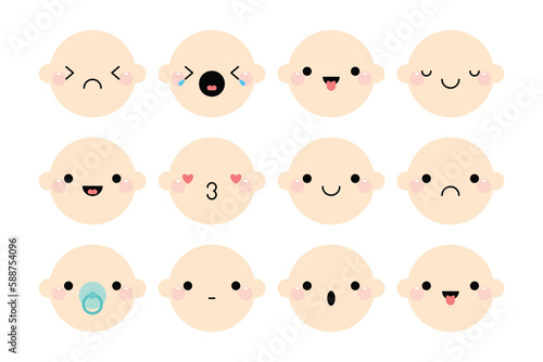 Set of baby faces emoji with different mood. Vector flat set of child emoji faces expressions. 