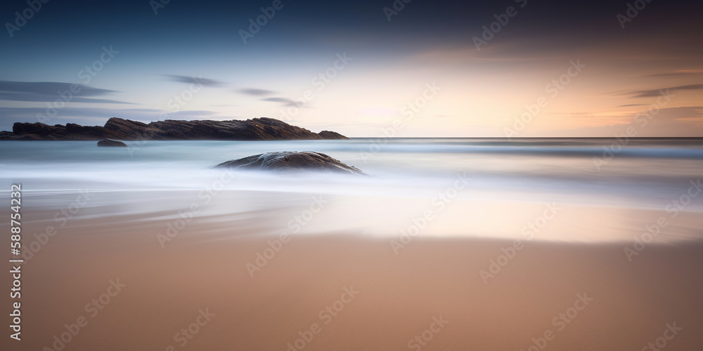 Fototapeta premium Tranquil beach at sunset with golden sand and calm waves using long exposure , generative art,