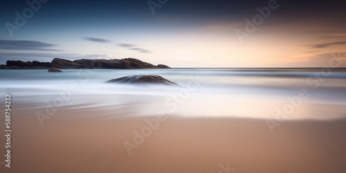 Tranquil beach at sunset with golden sand and calm waves using long exposure , generative art,